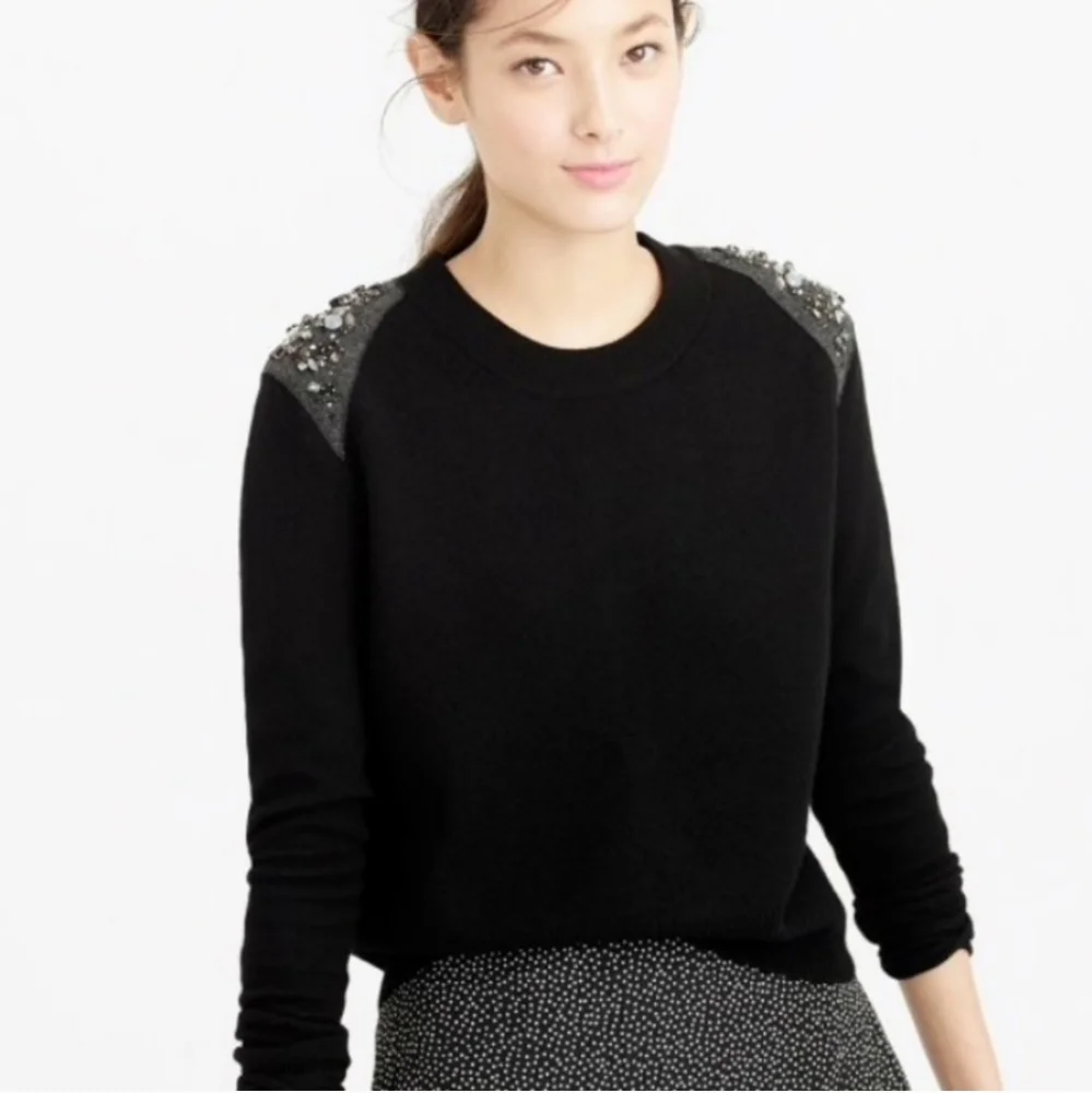 J. Crew Black Jeweled Wool Back Zip Sweater